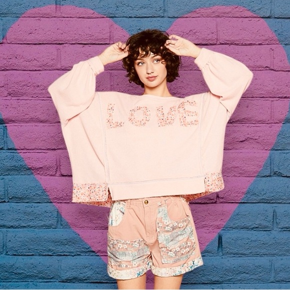 🆕 POL - Long Sleeve LOVE Letter Pullover - Vintage Romantic Trim - Rose - NIB - Picture 1 of 10